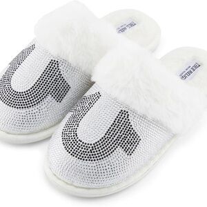 True Religion Silver and White Fur Slippers
